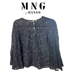 MNG Black Scalloped Lace Bell Sleeve Blouse, Feminine, Whimsy Goth Cocktails 4